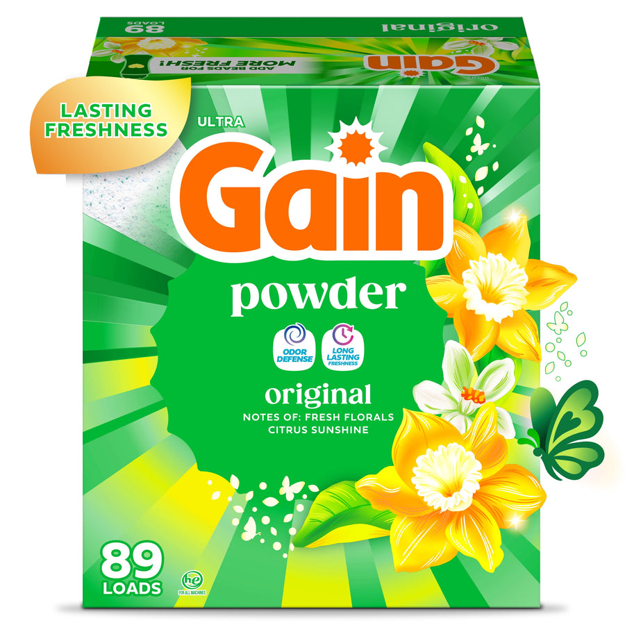 Front-facing Gain powder box in bright green packaging with floral artwork and 'original' scent label