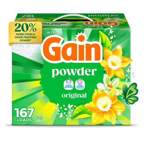 Front-facing Gain powder laundry detergent box in green packaging with yellow flowers and '167 loads' callout