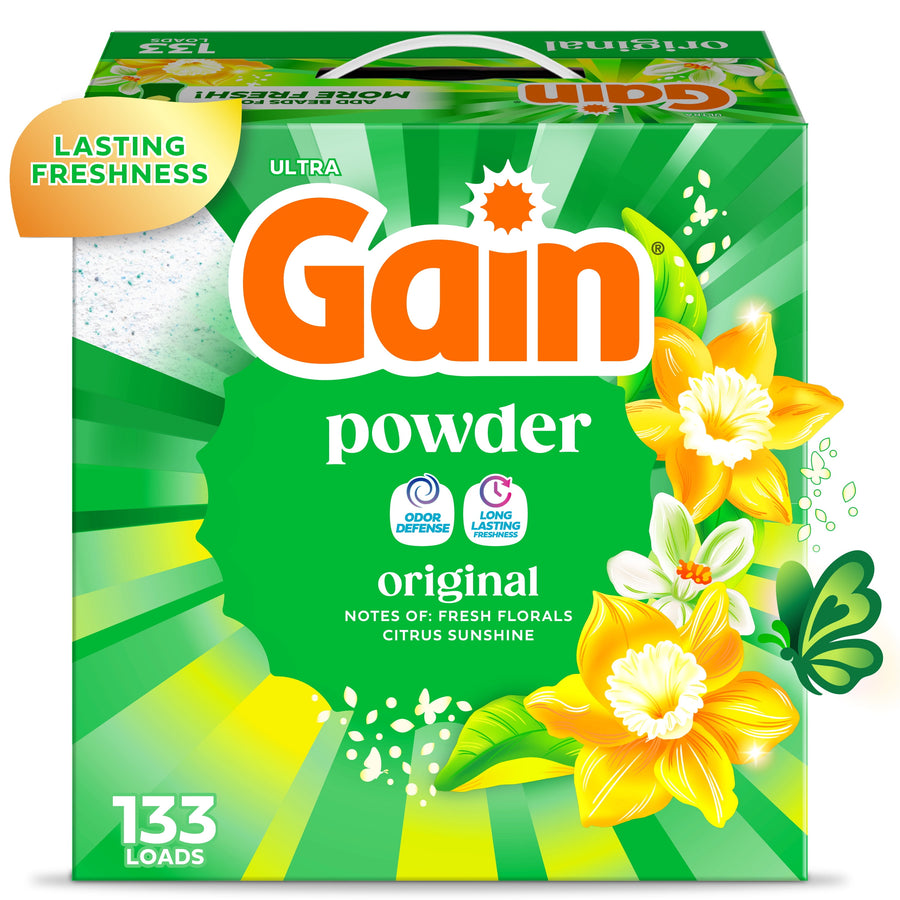 Front-facing green Gain powder box with floral artwork and large logo