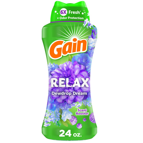 Tall green bottle of Gain RELAX Dewdrop Dream scent booster with purple floral graphics and 24 oz label
