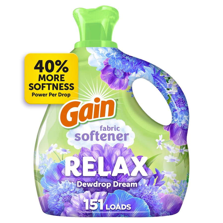 Green Gain Relax fabric softener bottle with purple floral design and '151 loads' callout on white background.
