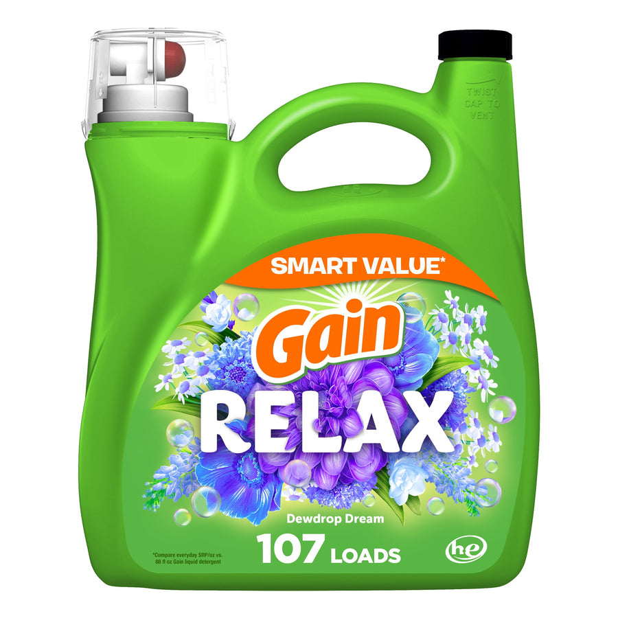 Green Gain RELAX liquid detergent jug with floral label and built-in measuring cap, Dewdrop Dream branding