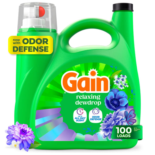 Bright green Gain laundry detergent jug with relaxing dewdrop label and floral graphics, odor defense badge visible