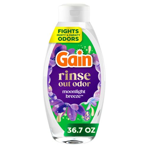 Clear bottle of Gain Rinse Out Odor fabric softener in Moonlight Breeze packaging with purple floral label and 36.7 oz callout.