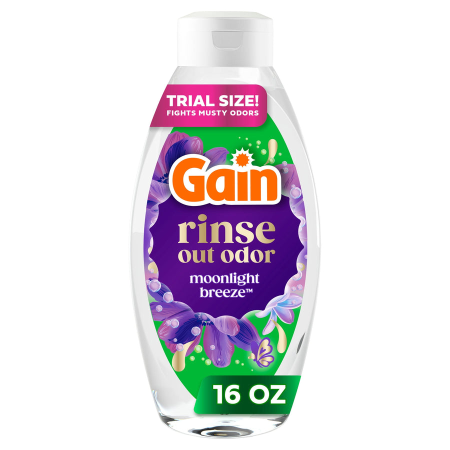 Clear Gain Rinse out odor bottle with purple label and moonlight breeze branding, trial-size 16 oz appearance on white background.