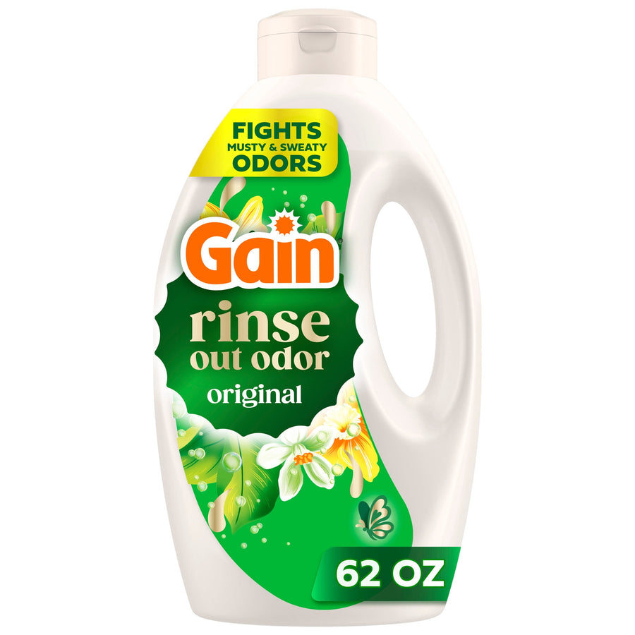 White bottle of Gain Rinse Out Odor Original with green label and floral artwork, 62 oz callout visible