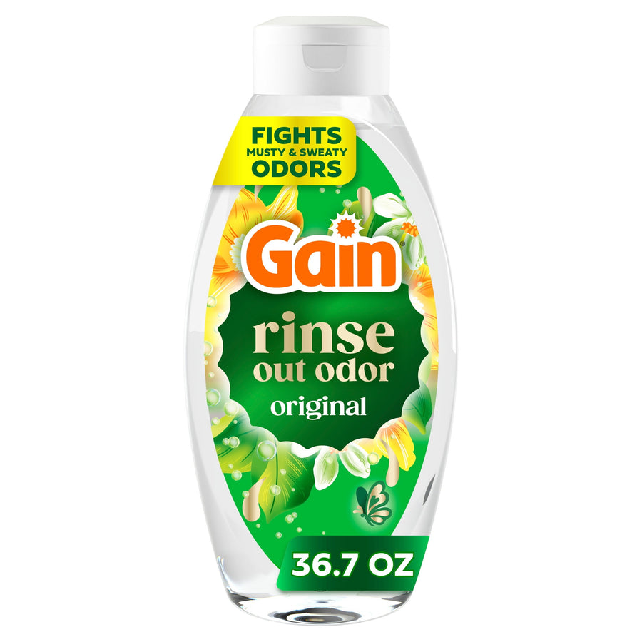 Clear bottle of Gain Rinse Out Odor Original with green label and floral accents on white background