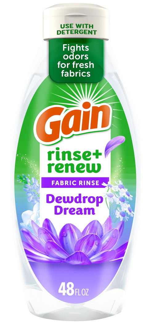 Close-up of a Gain Rinse+Renew Dewdrop Dream fabric rinse bottle with green label and purple floral artwork