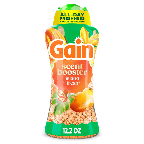 Tall Gain scent booster bottle labeled Island Fresh with visible orange beads and tropical floral packaging