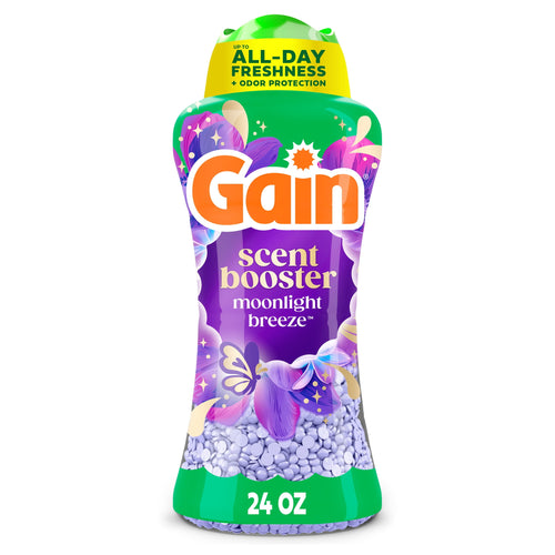 Tall Gain scent booster bottle labeled Moonlight Breeze with purple fragrance beads visible through packaging.