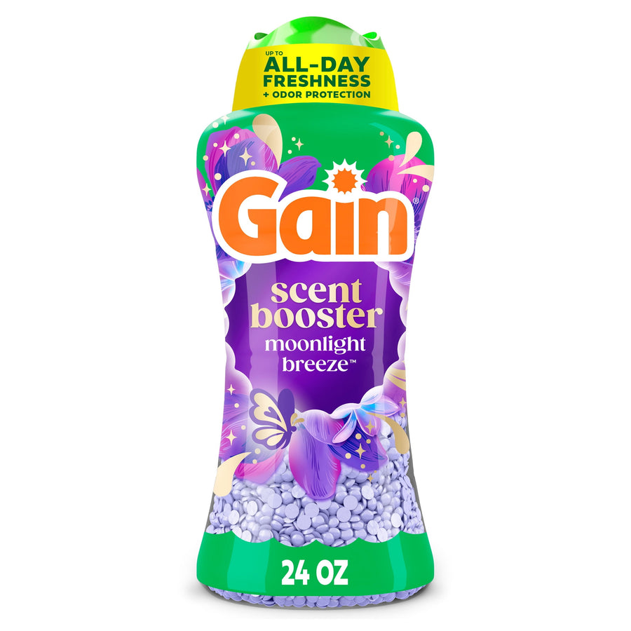 Tall Gain scent booster bottle labeled Moonlight Breeze with purple fragrance beads visible through packaging.