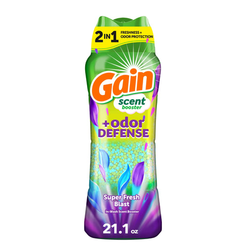 Tall Gain Scent Booster + Odor Defense bottle showing Super Fresh Blast beads and 21.1 oz label on white background