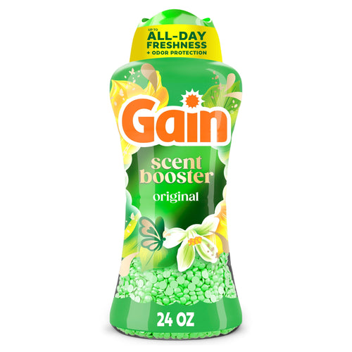 Tall green Gain Scent Booster bottle labeled 'original' with visible green scent beads and floral graphics, 24 oz text at base.