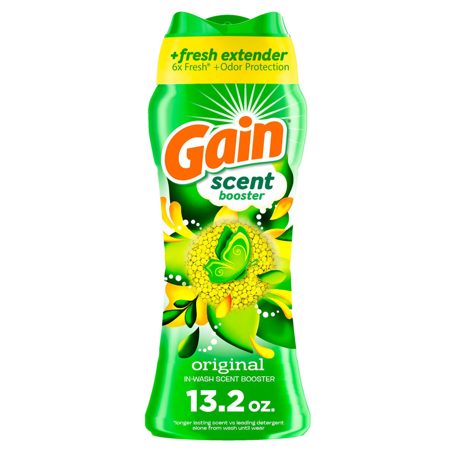 Green Gain Scent Booster bottle with butterfly and floral graphics labeled original 13.2 oz on white background.