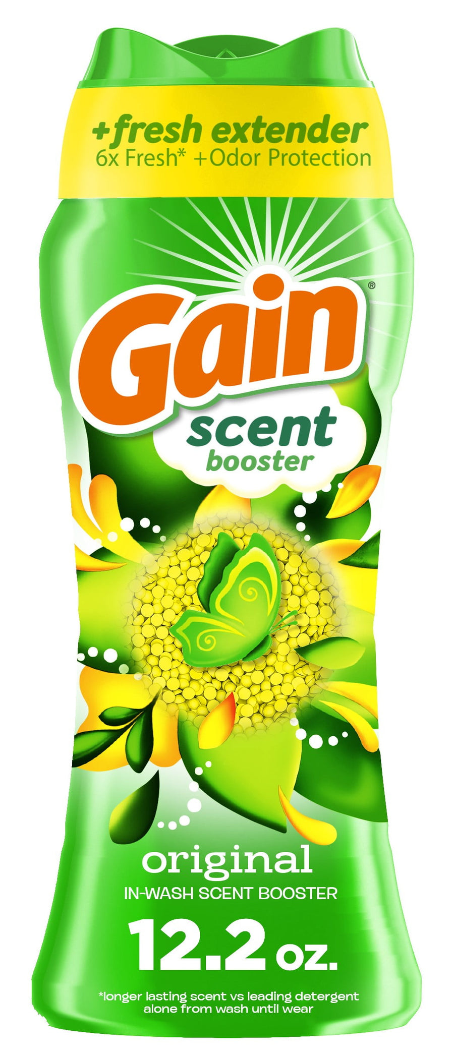 Tall green bottle of Gain scent booster with bright yellow floral graphics and original scent label.