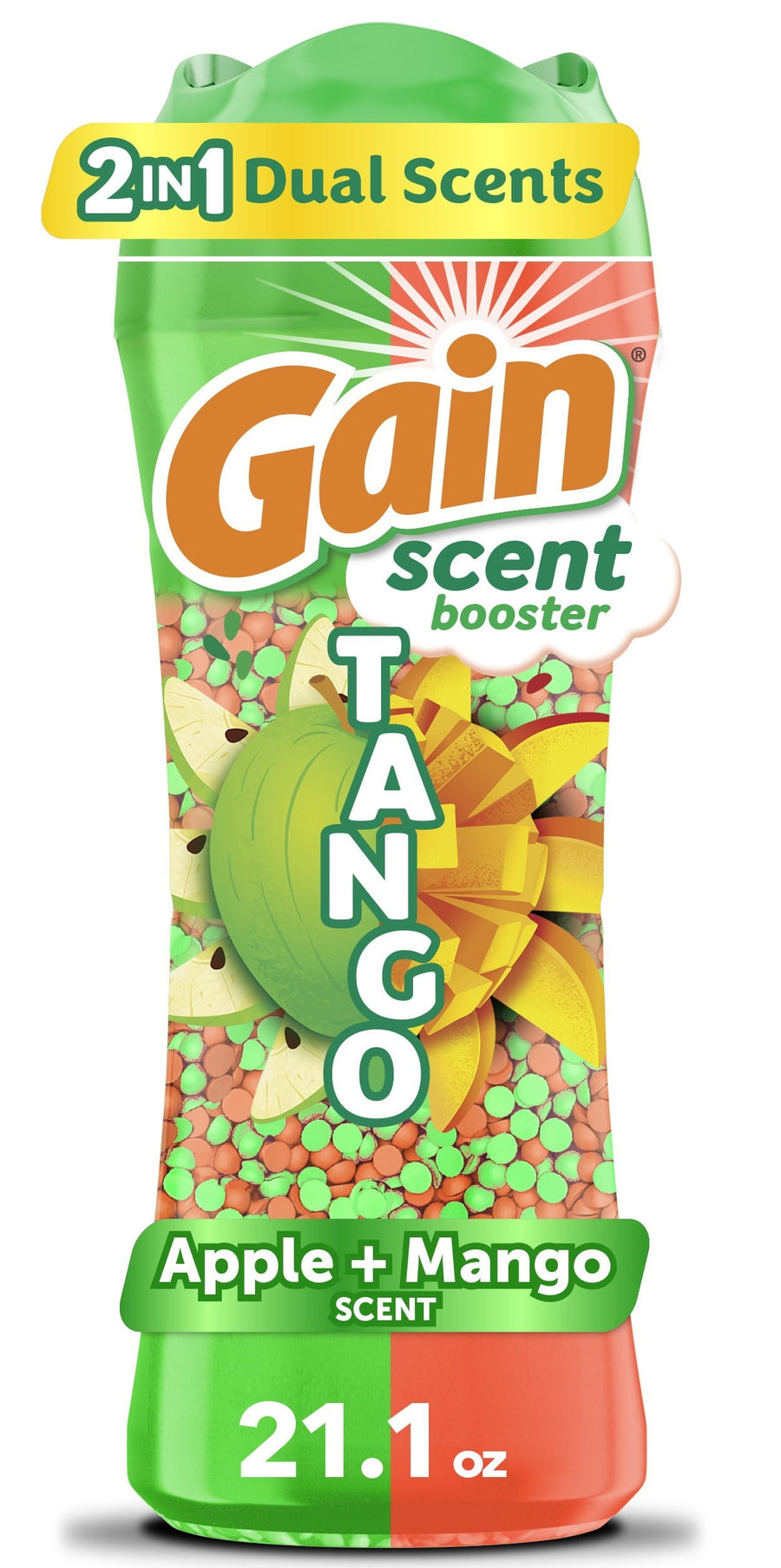 Tall Gain Tango scent booster bottle with green cap and apple+mango imagery showing orange and green scent beads