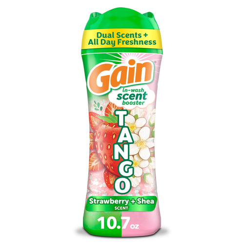 Single Gain Tango in-wash scent booster bottle labeled Strawberry + Shea with pink and green packaging