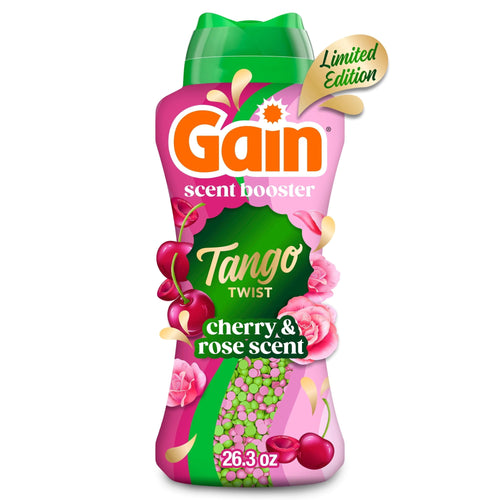 Tall pink and green Gain Tango Twist scent booster bottle with cherry and rose graphics