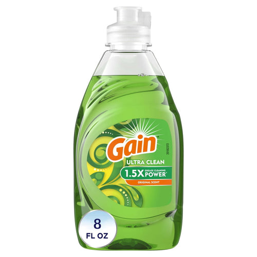 Clear green Gain Ultra Clean dish soap bottle with front label and 8 fl oz badge