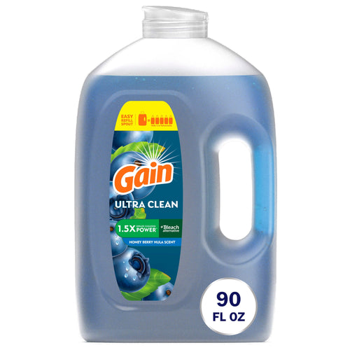 Large translucent jug of Gain Ultra Clean dish soap with blue liquid and label reading Honey Berry Hula, 90 fl oz