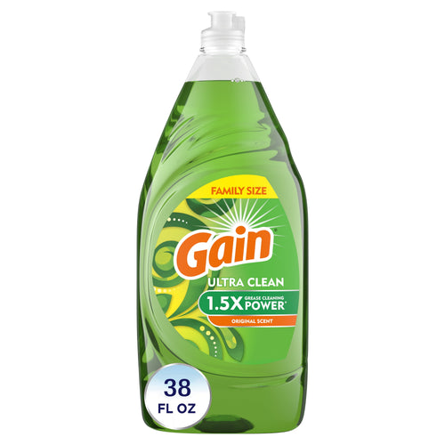 Front view of a green Gain Ultra Clean dishwashing liquid bottle with label and 38 fl oz badge