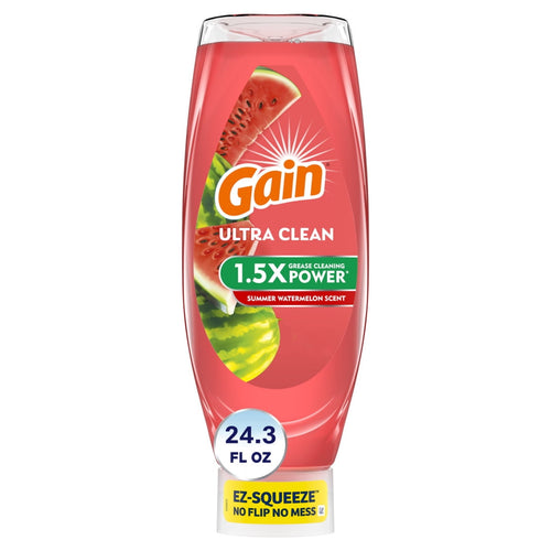 Upside-down Gain Ultra Clean dishwashing bottle in pink watermelon scent with EZ-Squeeze cap and watermelon graphics