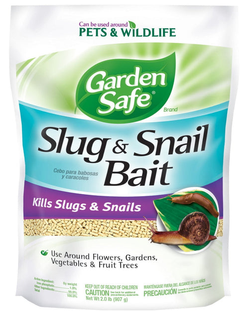 Front of Garden Safe Slug & Snail Bait bag showing brand logo, product name and pellet granules image