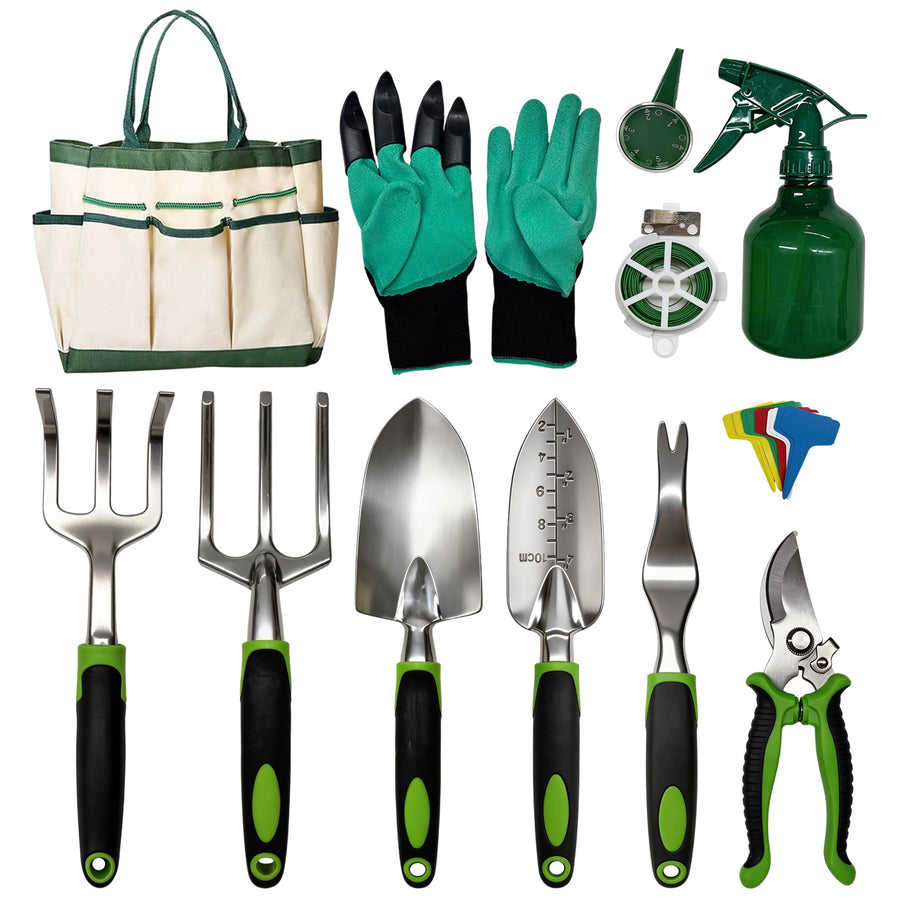 Flat lay of a gardening tool kit: tote bag, gloves, spray bottle, labels, coil and seven hand tools with green-black handles