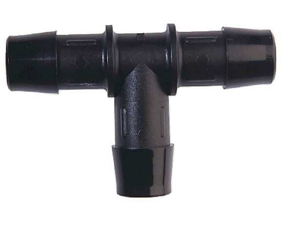 Black plastic T-shaped barbed hose connector with three tapered hose fittings, shown on a white background.