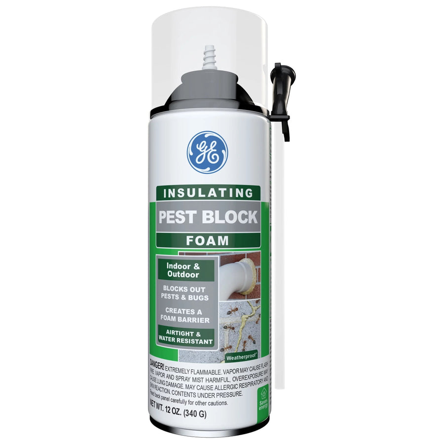 GE Insulating Pest Block foam can with nozzle and clear cap shown on white background.