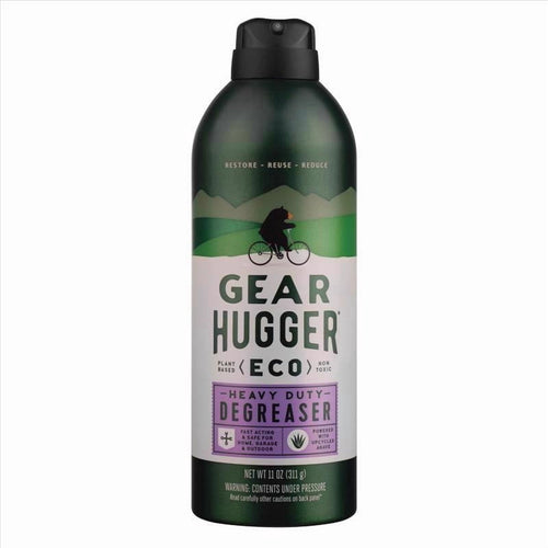 Green Gear Hugger Eco heavy duty degreaser aerosol can with label showing bear on bicycle and purple product panel.