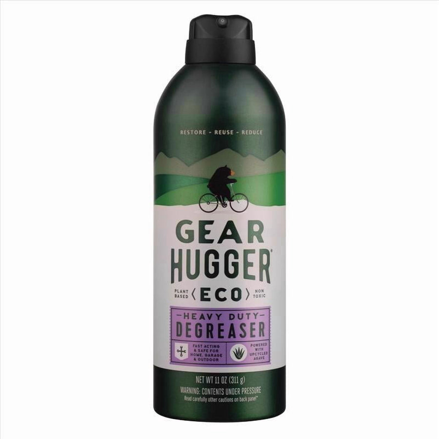 Green Gear Hugger Eco heavy duty degreaser aerosol can with label showing bear on bicycle and purple product panel.