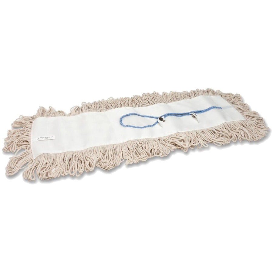 Flat beige cotton fringe dust mop refill with white center panel and blue cord detail