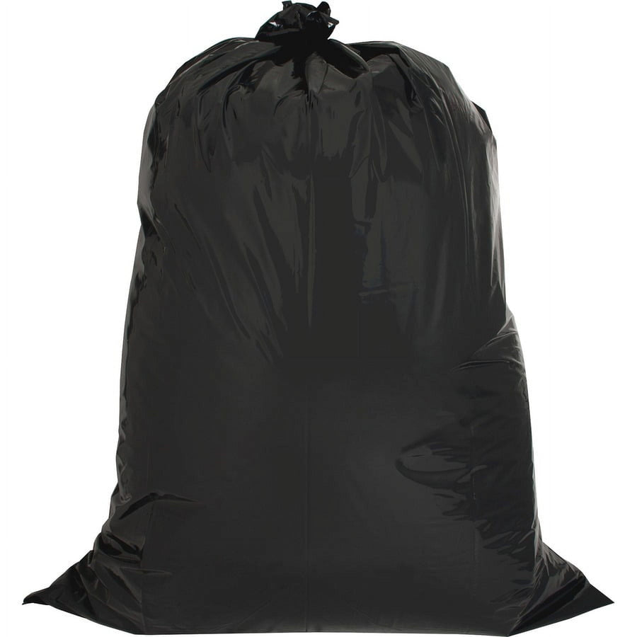 Large black tied trash bag, filled and standing upright against a white background
