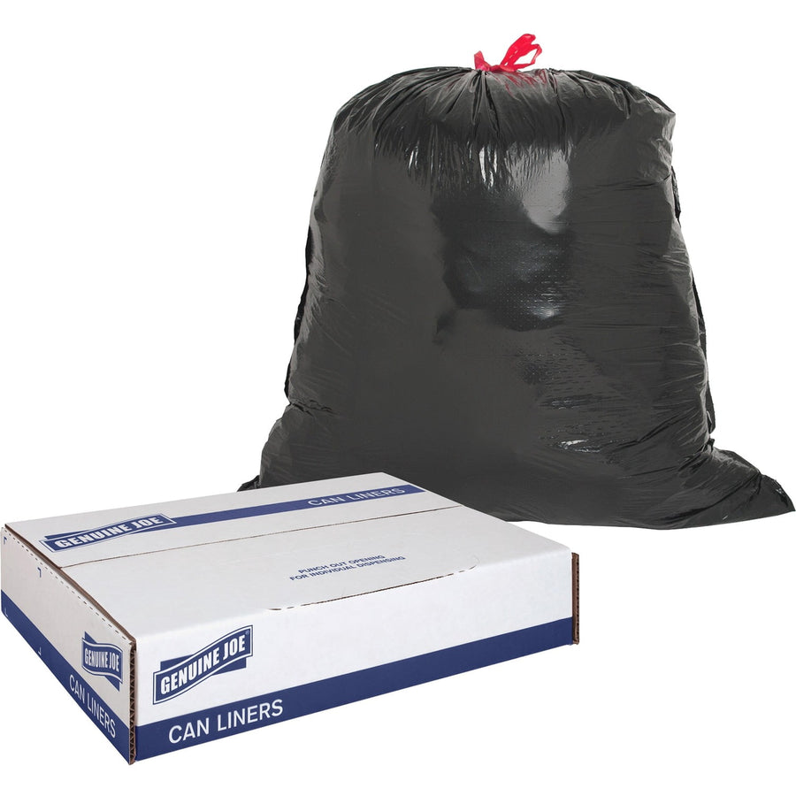 Genuine Joe black drawstring trash bag with red tie beside a Genuine Joe can liners box