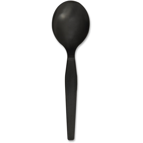 Black heavyweight disposable soup spoon with oval bowl and ribbed textured handle on white background