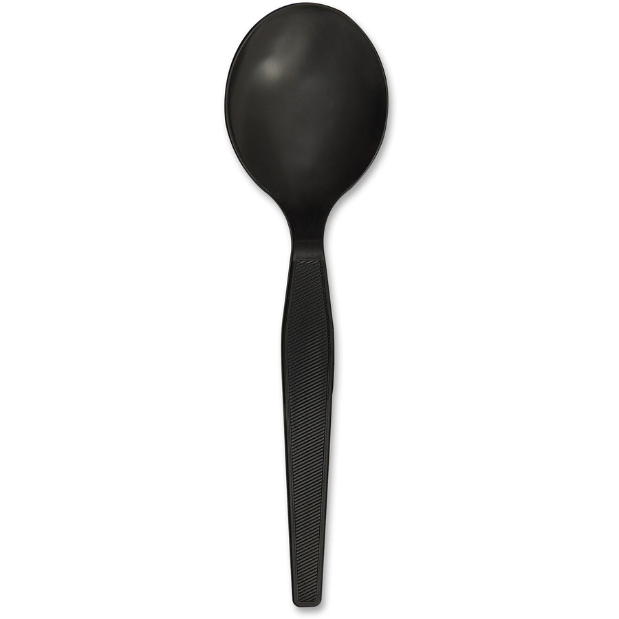 Black heavyweight disposable soup spoon with oval bowl and ribbed textured handle on white background