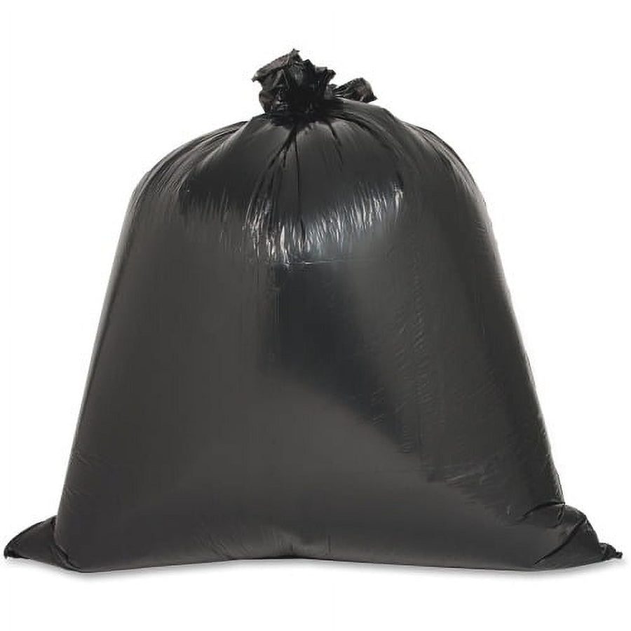 Tied black garbage bag filled and knotted at the top, glossy low-density plastic appearance
