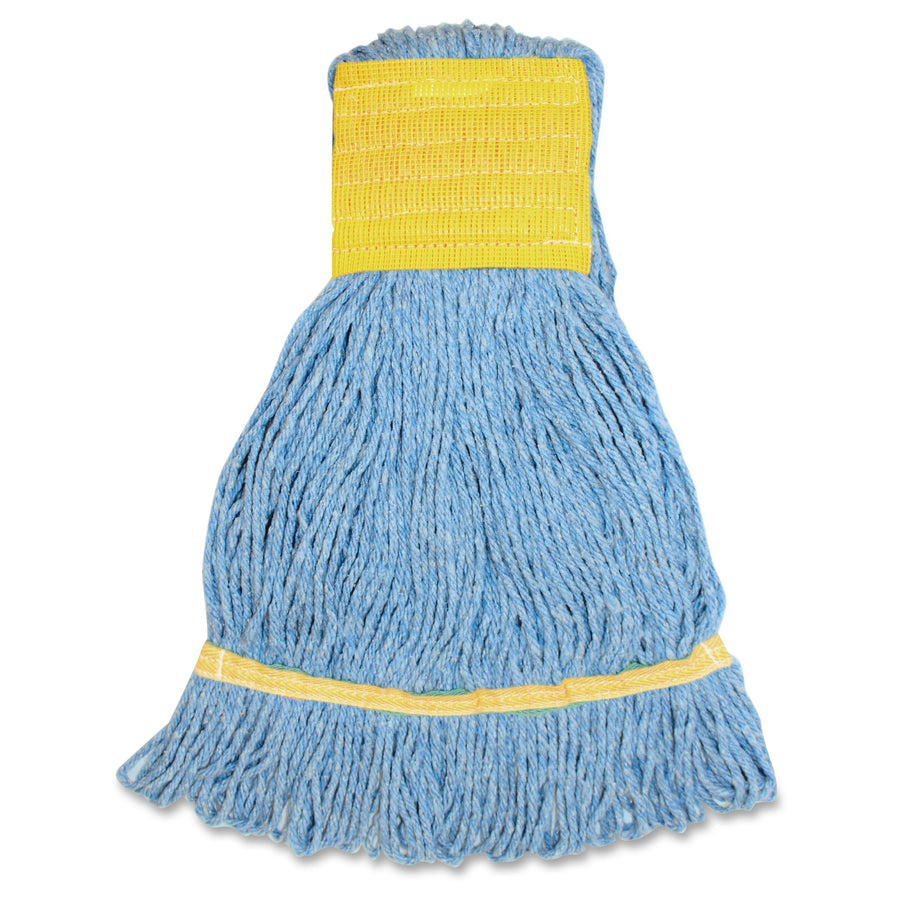 Blue cotton mop head with wide yellow stitched attachment band and yellow reinforcement band near base