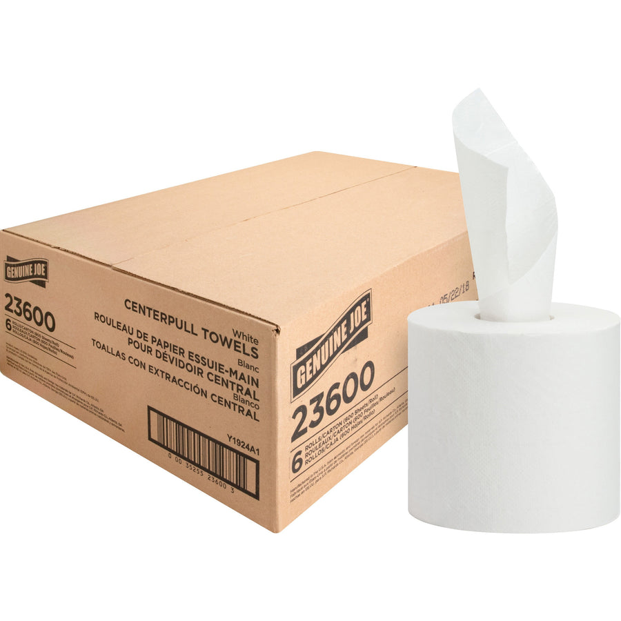 Cardboard shipping box labeled Genuine Joe 23600 next to a white center-pull paper towel roll with a sheet pulled out