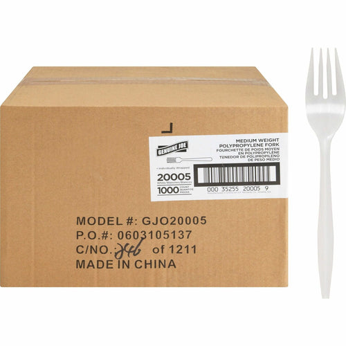 Cardboard shipping carton with Genuine Joe product label and a white plastic fork shown at right