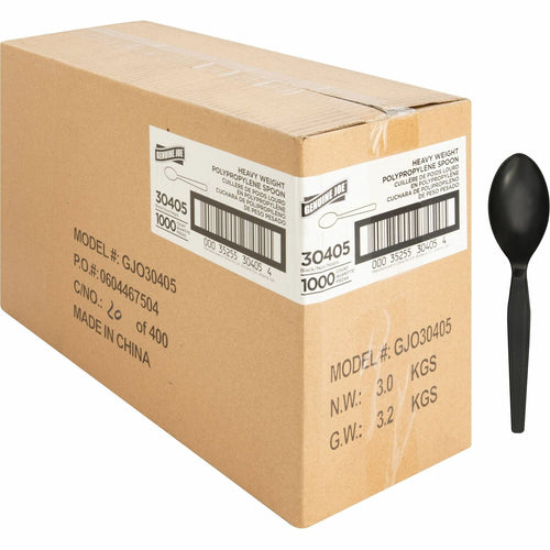 Cardboard shipping carton labeled Genuine Joe next to a single black heavyweight plastic spoon on white background.