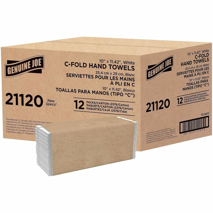 Cardboard case labeled Genuine Joe 21120 with a stack of C-fold white hand towels in front