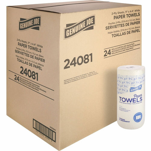 Large cardboard carton marked Genuine Joe 24081 with a single wrapped paper towel roll placed beside the box on a white background.