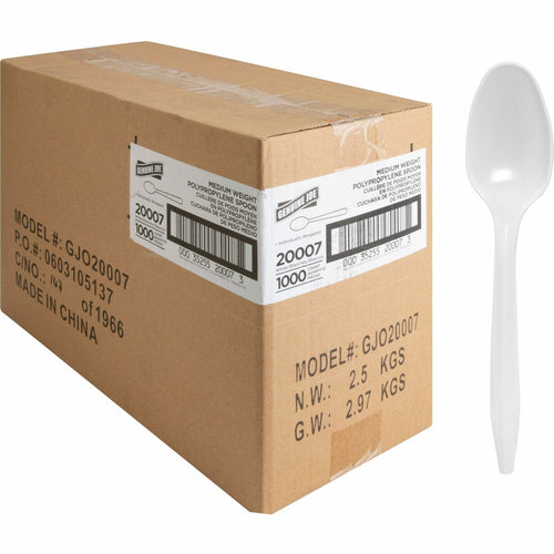 Genuine Joe cardboard shipping carton labeled for model GJO20007 with a white plastic spoon shown alongside