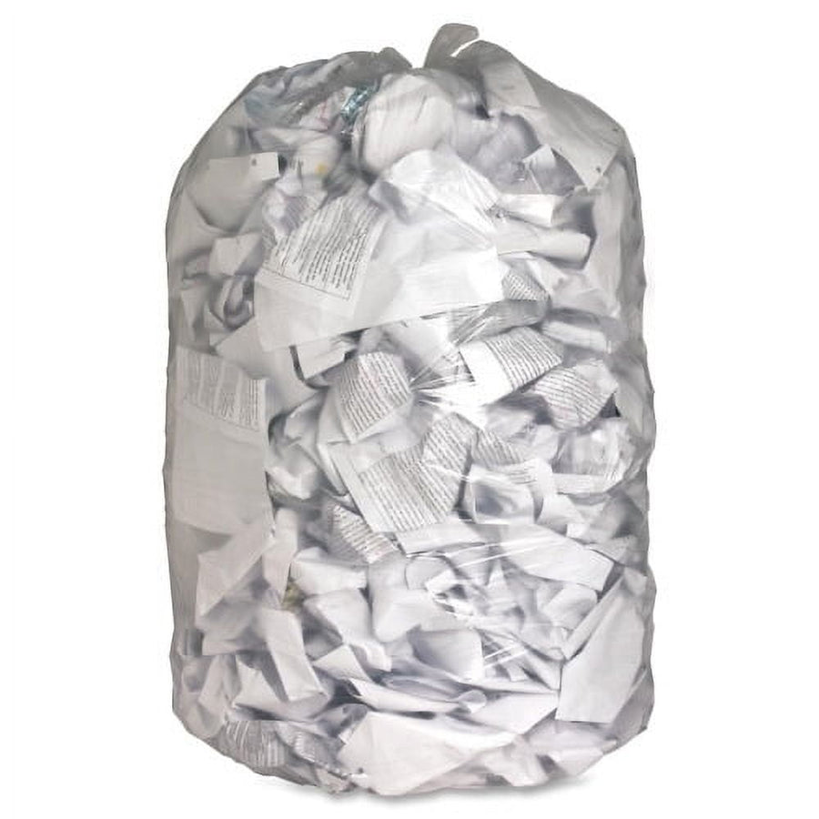 Transparent trash bag filled with shredded and crumpled white paper against a white background