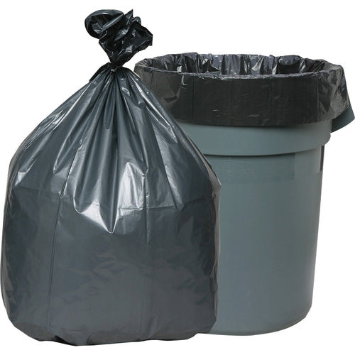 Genuine Joe gray extra-large trash bag tied closed beside a gray trash can fitted with a matching liner.