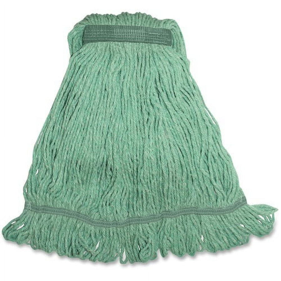 Green cotton mop head with narrow stitched band, top pocket for handle and looped yarn strands