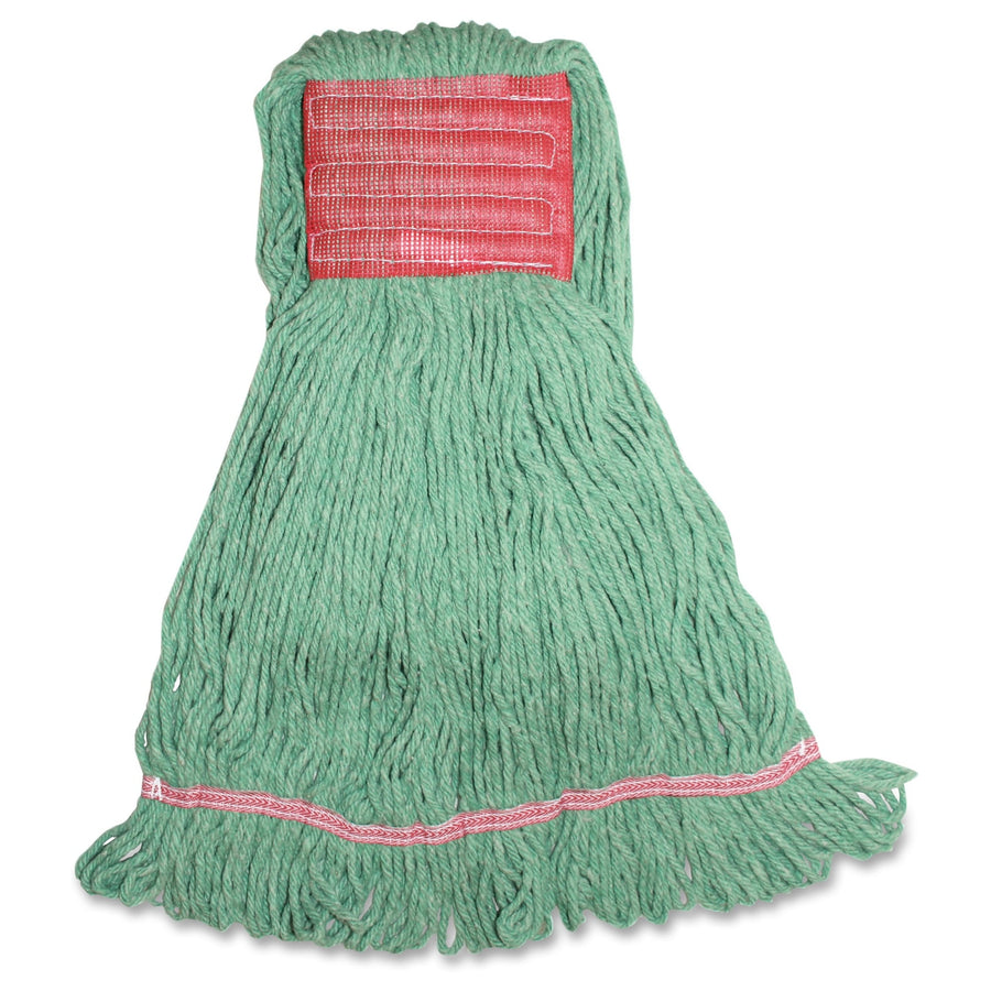 Genuine Joe green synthetic mop head with red stitched attachment pad and welted band