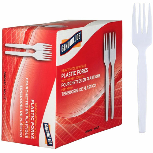 Genuine Joe red retail box for heavyweight white plastic forks shown with a single white plastic fork alongside.